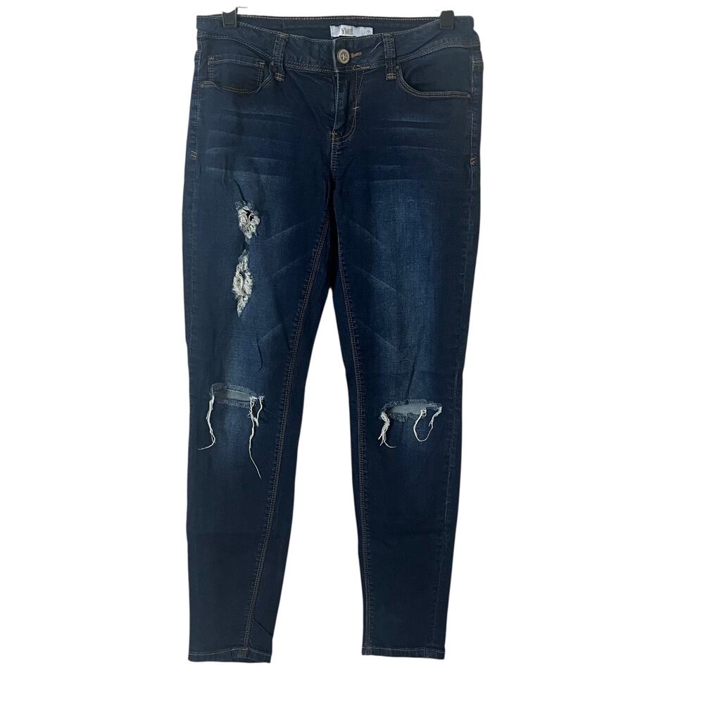 YMI Jeans Womens Juniors Size 7 Dark Wash Blue Stretch Distressed Ripped